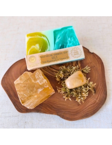 Coffret Optimisme et lumière – Calcite miel, Aventurine jaune et savon Gold