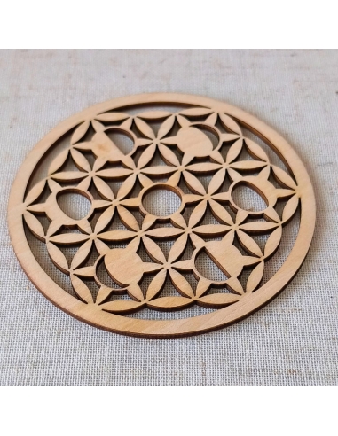 plaque en bois de tilleul gravée Fleur de Vie et phases lunaires