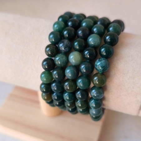 Bracelet boule en Agate mousse naturelle, pierre de croissance et d’équilibre.