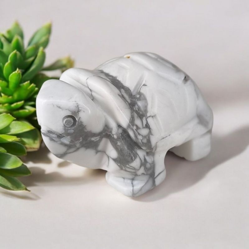 Tortue en howlite blanche – Sculpture artisanale 50 mm | Litho Terra