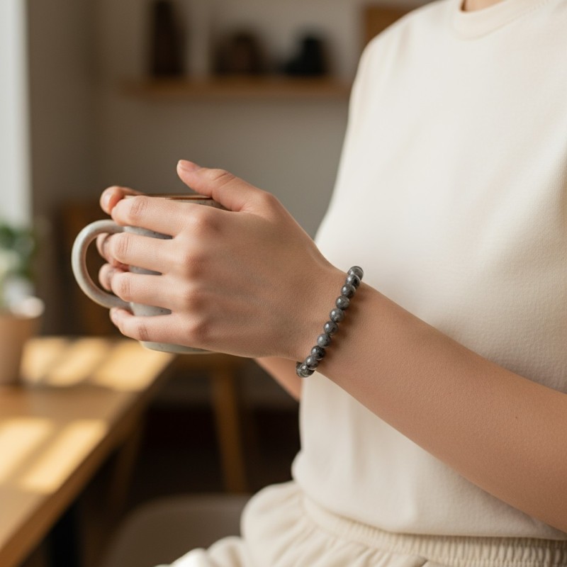 Bracelet en Larvikite naturelle de 8 mm porté au poignet, révélant ses reflets argentés et bleutés selon la lumière