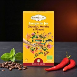 Une tisane bio au chocolat, à la menthe et au piment.