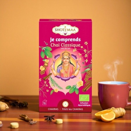 Une tisane bio chaï sans thé noir, aux épices indiennes.