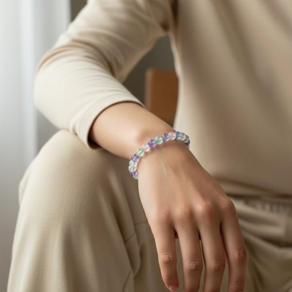 Bracelet en Fluorine multicolore porté au poignet, mettant en valeur ses nuances de vert, de violet et de bleu