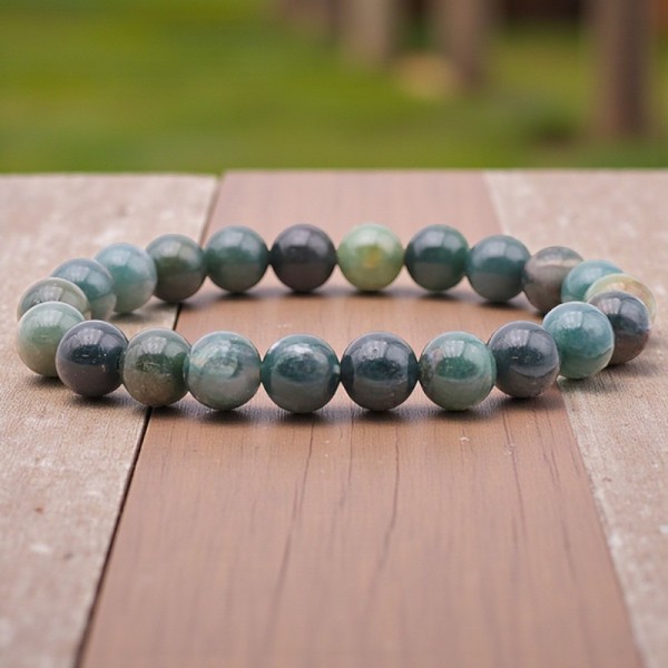 Bracelet boule homme en Agate mousse d’Inde, pierre naturelle d’harmonie et de renouveau.