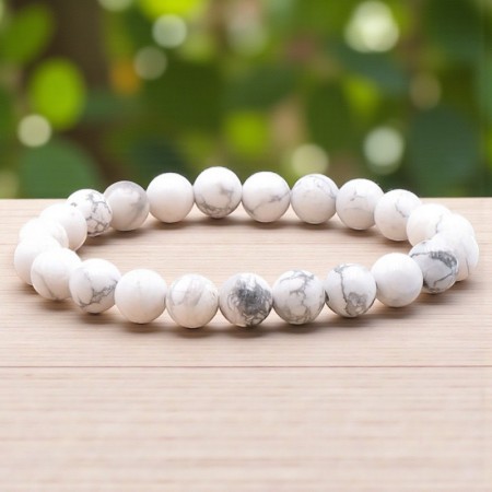 Bracelet boules homme en Howlite blanche du Zimbabwe, pierre naturelle de calme et de patience.
