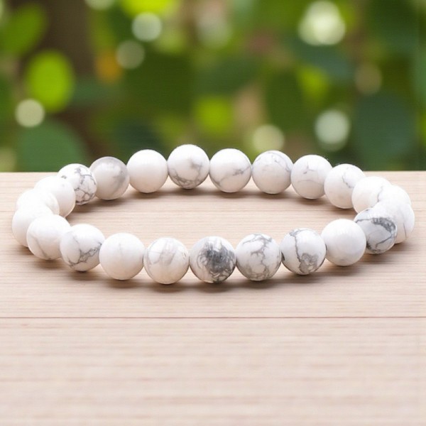 Bracelet boules homme en Howlite blanche du Zimbabwe, pierre naturelle de calme et de patience.