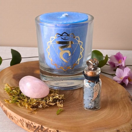 Coffret Cristaux de Tendresse – Angélite, Quartz rose et bougie Rose Camomille