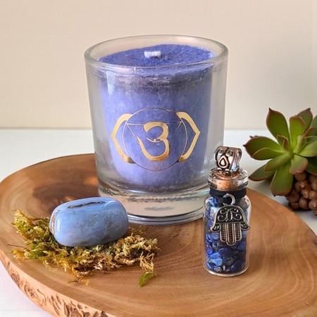 Cristaux d'Intuition – Lapis-lazuli, Calcédoine bleue et bougie Sauge Citronnelle