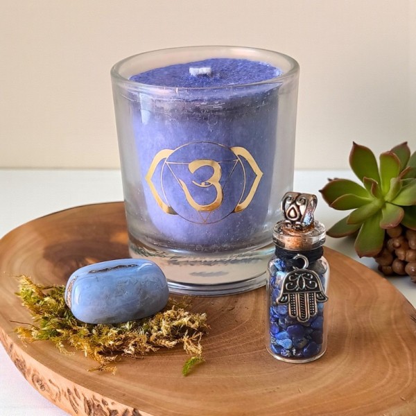 Cristaux d'Intuition – Lapis-lazuli, Calcédoine bleue et bougie Sauge Citronnelle