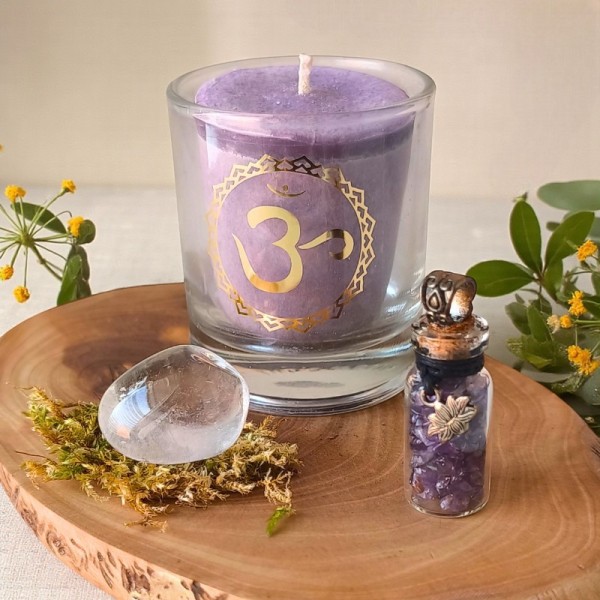 Cristaux de Sérénité – Améthyste, Cristal de roche et bougie Oud Patchouli