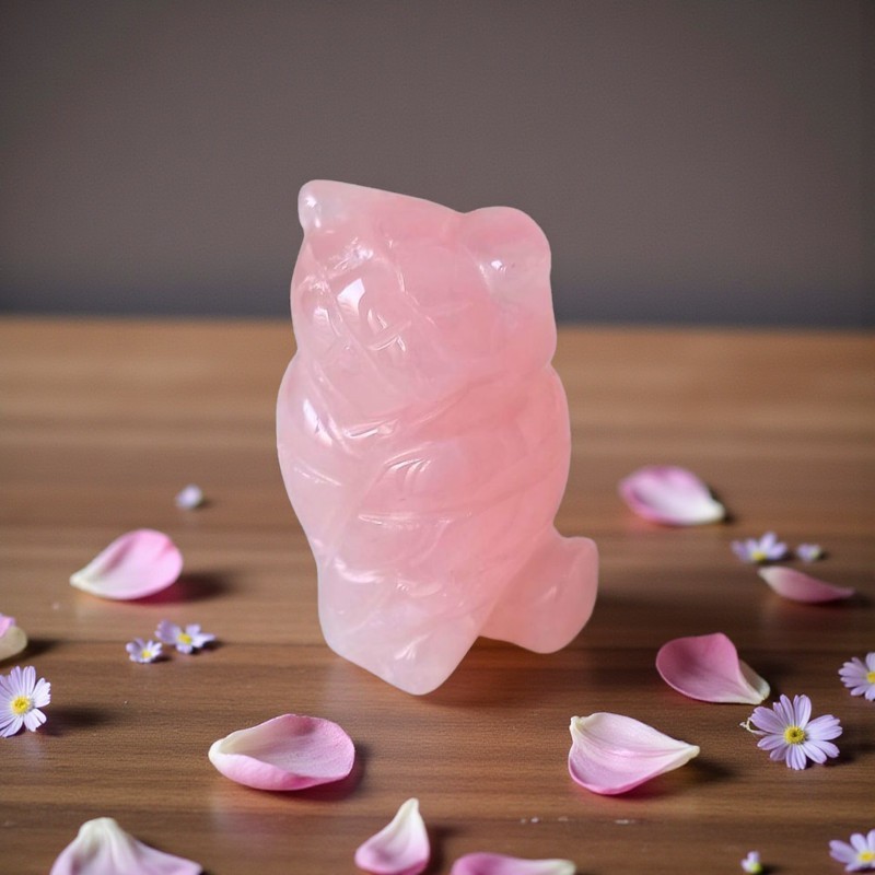 Chouette en Quartz rose, pierre du cœur, elle favorise tendresse