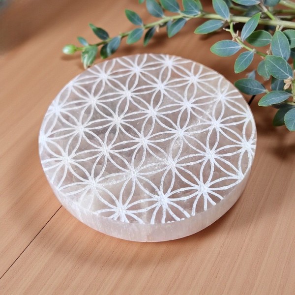 Plaque de rechargement en sélénite – Fleur de Vie (10 cm)