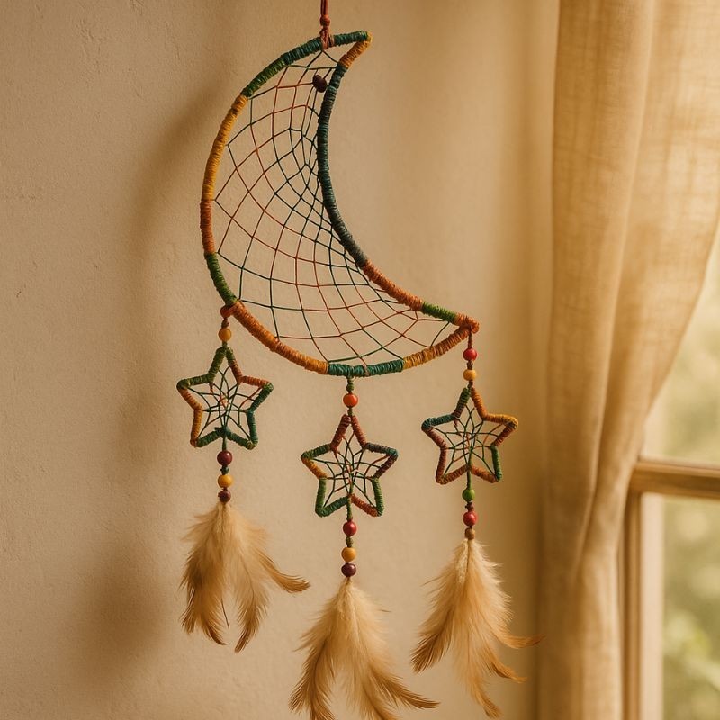 Grand attrape-rêves Lune et Étoiles tissé à la main au Népal.