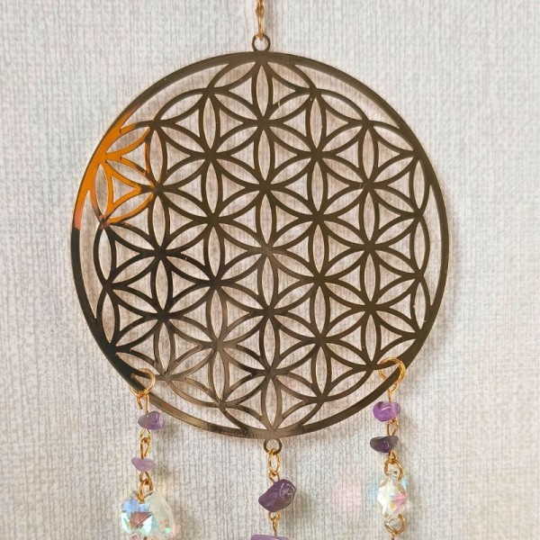 Attrape-soleil Fleur de Vie en métal recyclé, améthyste, artisanat d'Inde