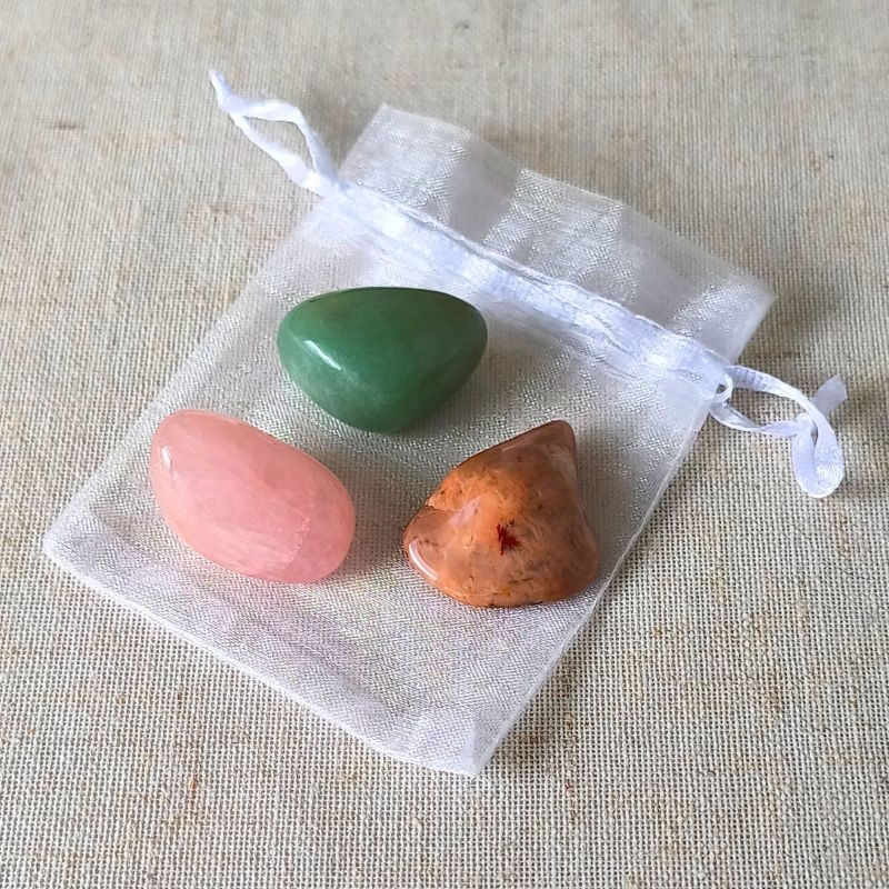 Trio Douce harmonie Litho Terra : Quartz rose, Aventurine verte et Pierre de Lune multicolore