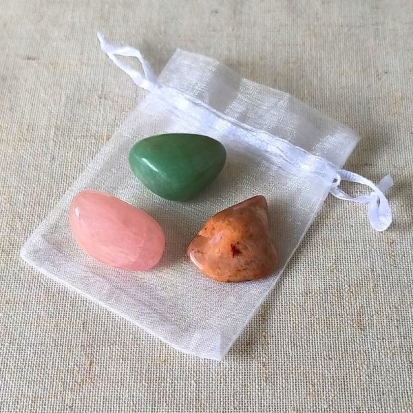 Trio Douce harmonie Litho Terra : Quartz rose, Aventurine verte et Pierre de Lune multicolore