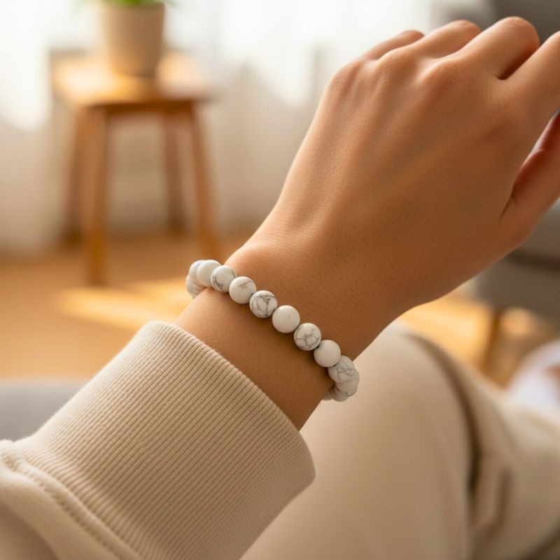 Bracelet en Howlite blanche naturelle de 8 mm porté au poignet, mettant en valeur ses délicates veinures grises