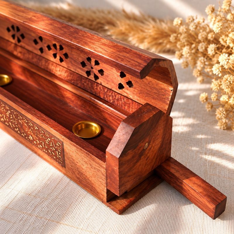 Boîte porte-encens en bois d’acacia avec compartiment de rangement