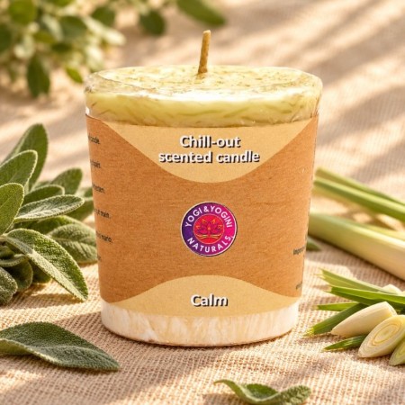 Bougie parfumée Calm à la sauge et à la citronnelle, fabriquée artisanalement à partir de cire végétale.
