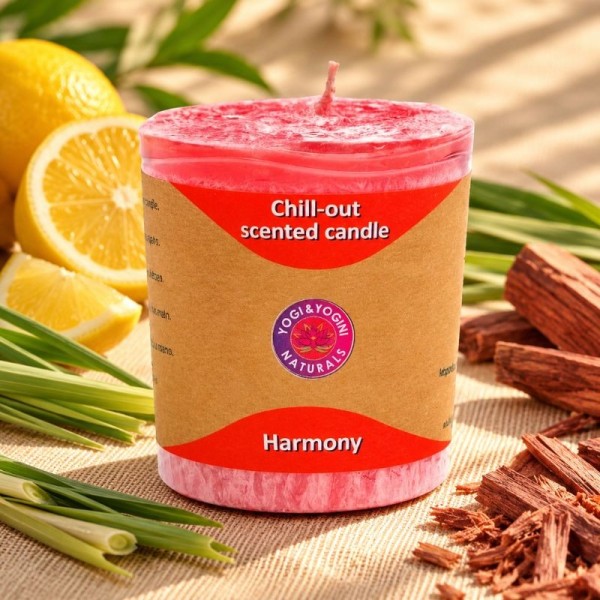 Bougie artisanale Harmony Yogi & Yogini, aux notes fraîches de citron, florales de palmarosa et douces de bois de rose.