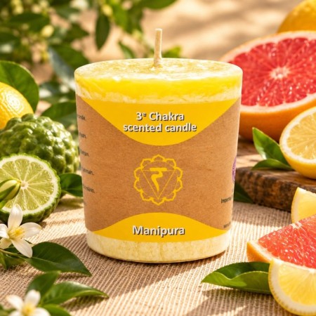 Bougie parfumée Manipura Yogi & Yogini à la bergamote, au citron et au pamplemousse.