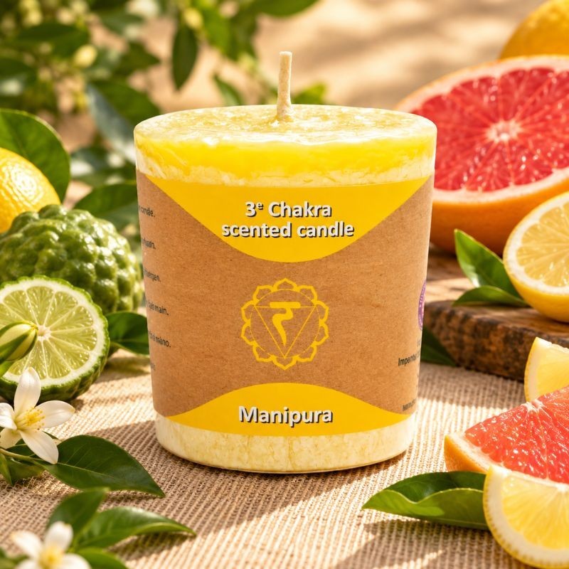 Bougie parfumée Manipura Yogi & Yogini à la bergamote, au citron et au pamplemousse.