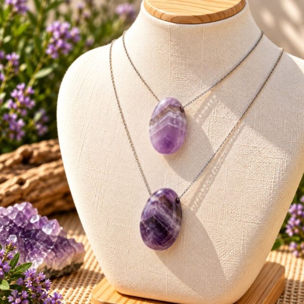 Pendentifs en Améthyste rubanée naturelle portés sur buste
