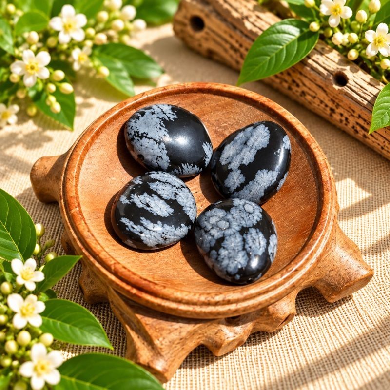 Pendentifs en Obsidienne flocon de neige présentés dans une coupelle