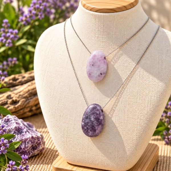 Pendentifs en Lépidolite naturelle portés sur un buste clair