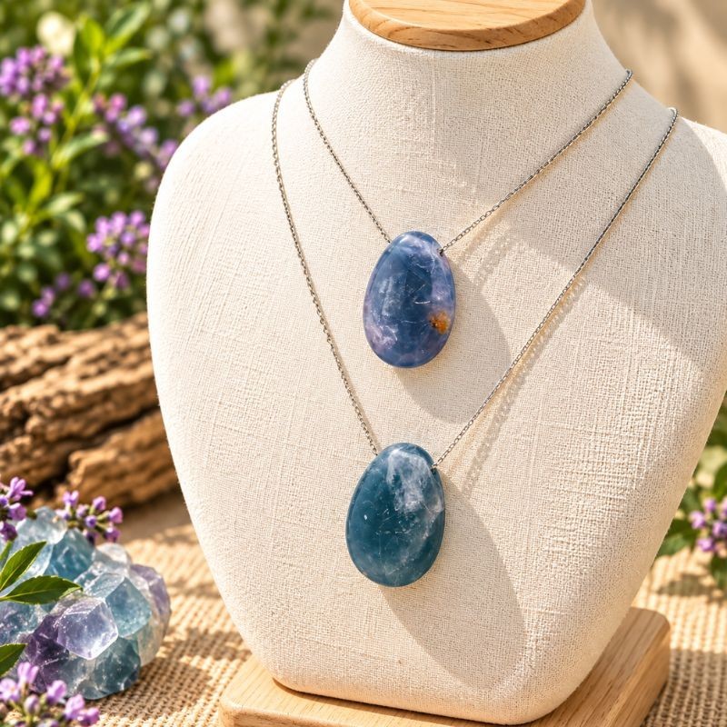Pendentifs en Fluorine bleue naturelle portés sur un buste
