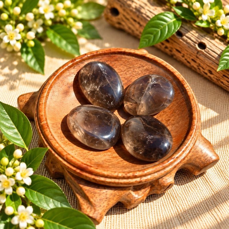 Pendentifs en Quartz fumé naturel présentés dans une coupelle en bois