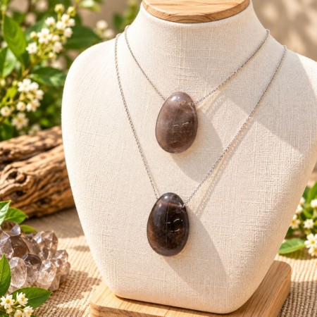 Pendentifs en Quartz fumé naturel présentés dans une coupelle en bois 2