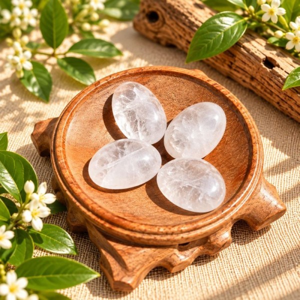 Pendentifs en Cristal de roche naturel présentés dans une coupelle
