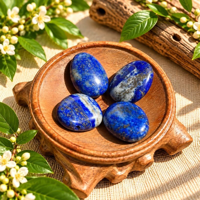 Pendentifs en Lapis-lazuli naturel présentés dans une coupelle en bois