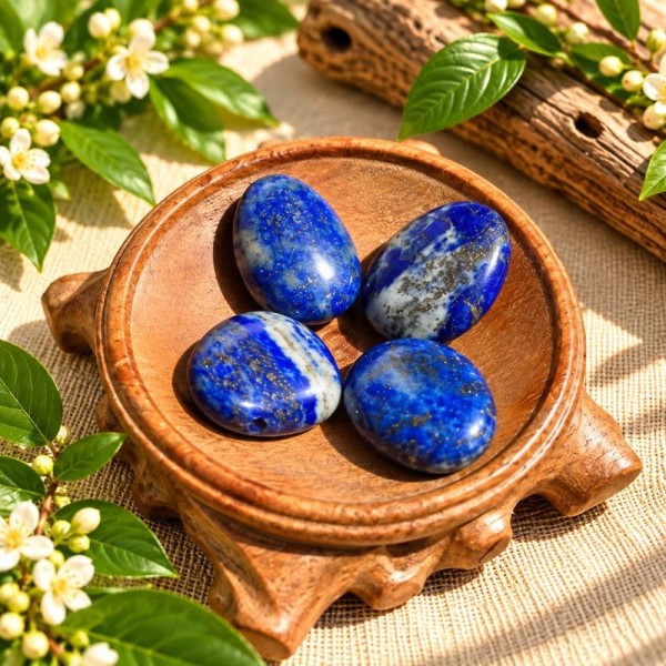 Pendentifs en Lapis-lazuli naturel présentés dans une coupelle en bois