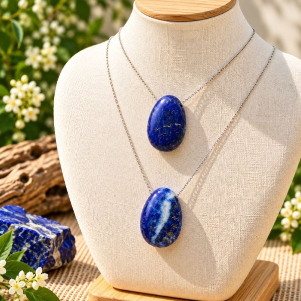 Pendentifs en Lapis-lazuli naturel portés sur un buste clair