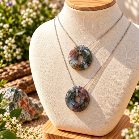 Pendentifs Donut en Agate indienne présentés sur une plaque en bois 2