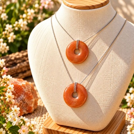Pendentifs Donut en Aventurine orange présentés sur une plaque en bois 2