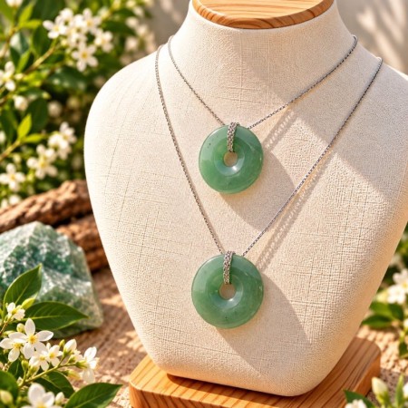 Pendentifs Donut en Aventurine verte présentés sur une plaque en bois 2