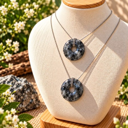 Pendentifs Donut en Larvikite naturelle présentés sur une plaque en bois 2