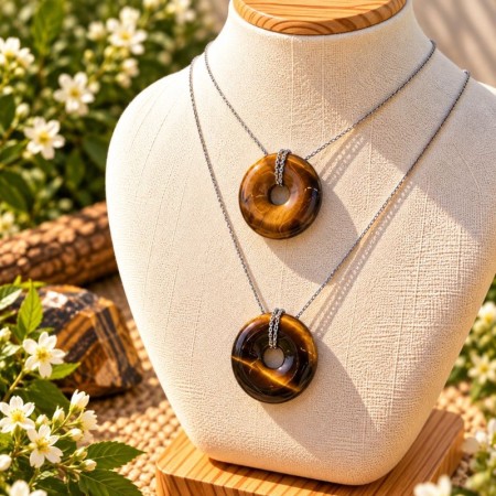 Pendentifs Donut en Œil de tigre présentés sur une plaque en bois 2