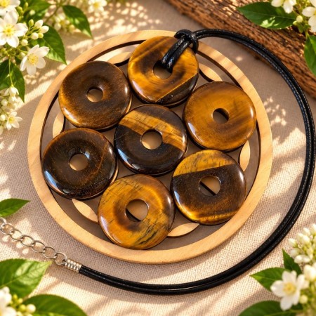 Pendentifs Donut en Œil de tigre présentés sur une plaque en bois
