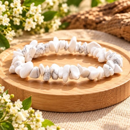 Bracelet baroque en howlite blanche sur un support en bois