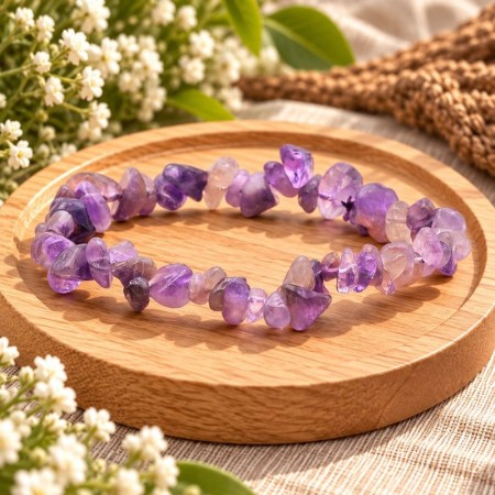 Bracelet baroque en Améthyste naturelle sur un support en bois