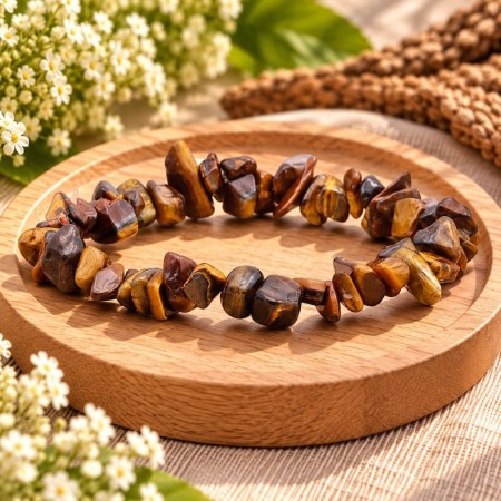 Bracelet baroque en Œil de tigre présenté sur une plaque en bois