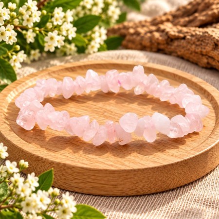 Bracelet baroque en Quartz rose naturel présenté dans une coupelle