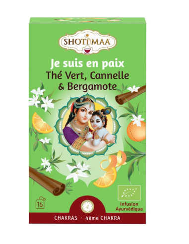 Une infusion bio au thé vert, à la cannelle et à la bergamote, liée au 4ᵉ chakra.