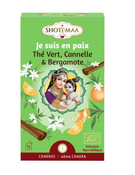 Une infusion bio au thé vert, à la cannelle et à la bergamote, liée au 4ᵉ chakra.