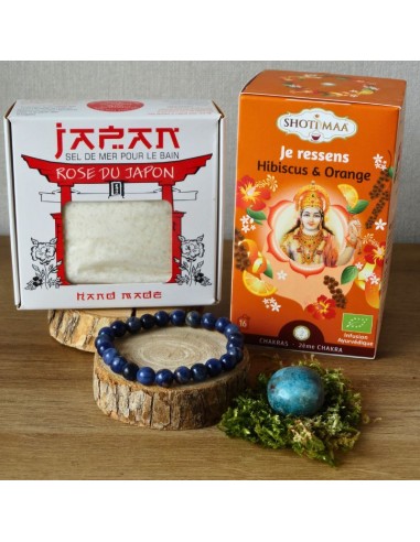 Coffret Écoute intérieure : sodalite, apatite bleue, sel de bain et tisane “Je ressens”